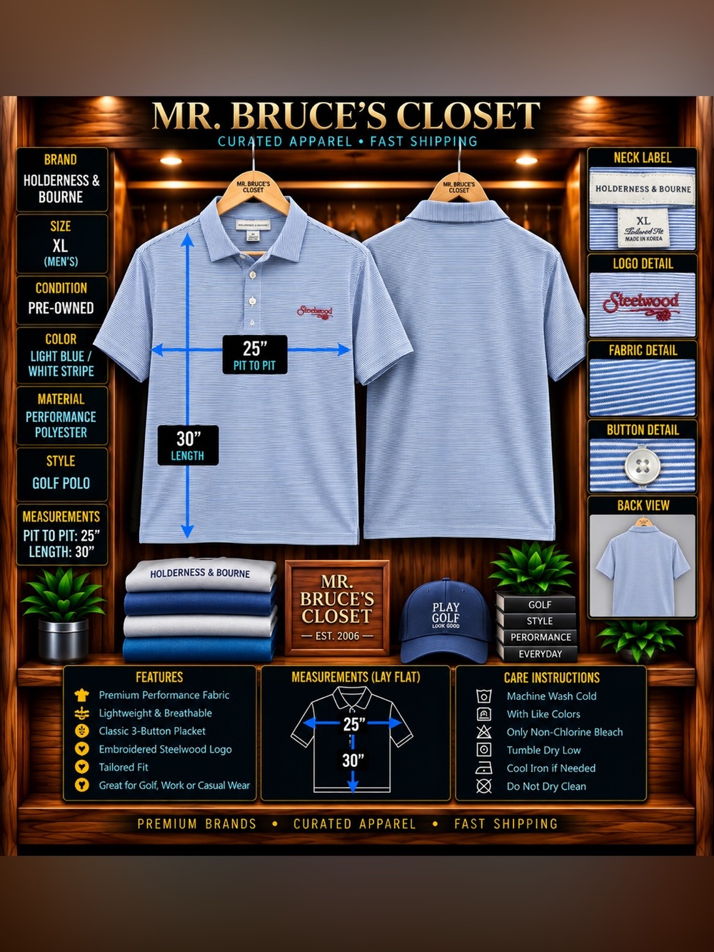 Holderness & Bourne Men’s Light Blue Stripe Golf Polo